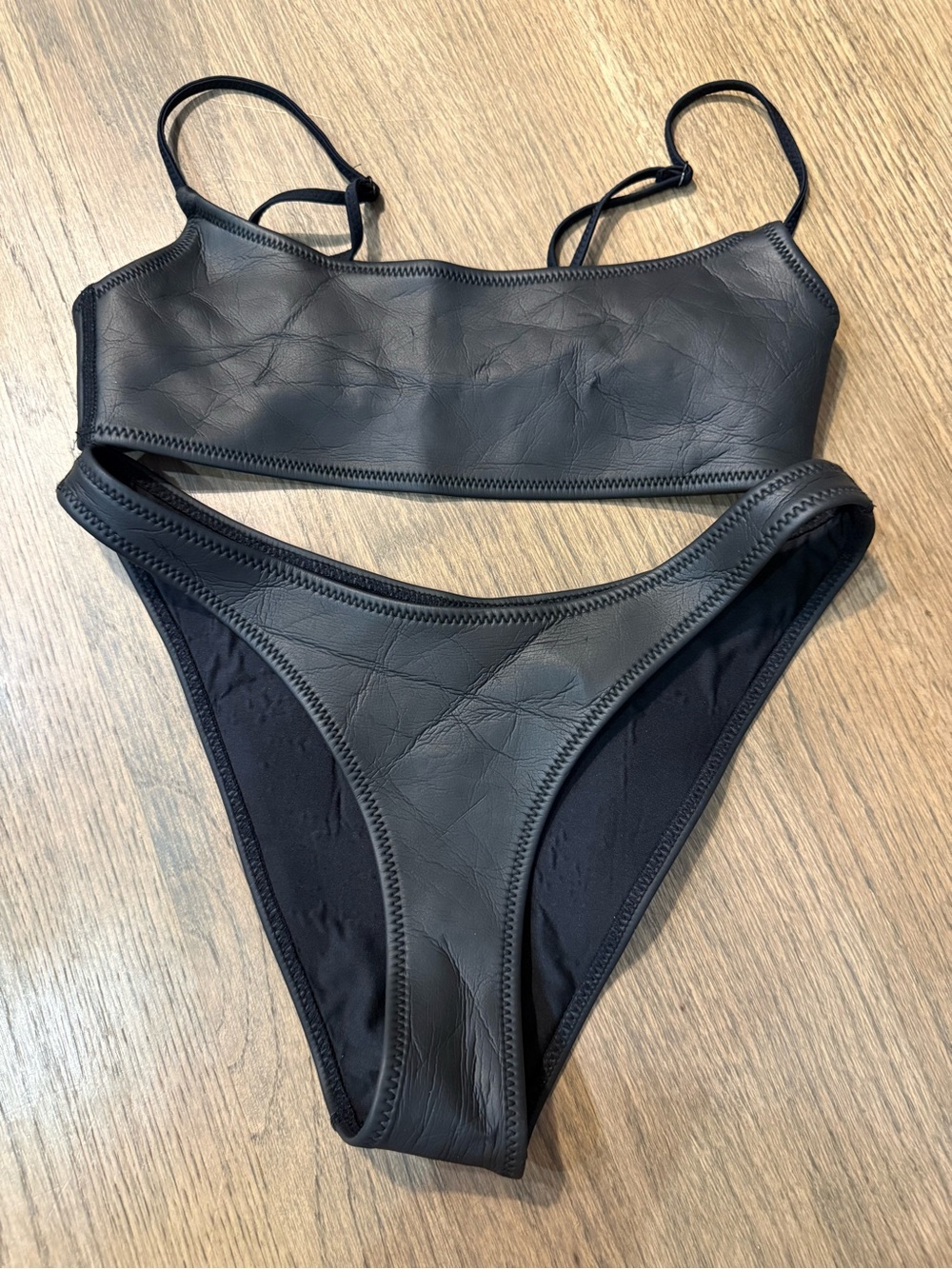 Triangle Black Faux-Leather Bikini Set -Size XS